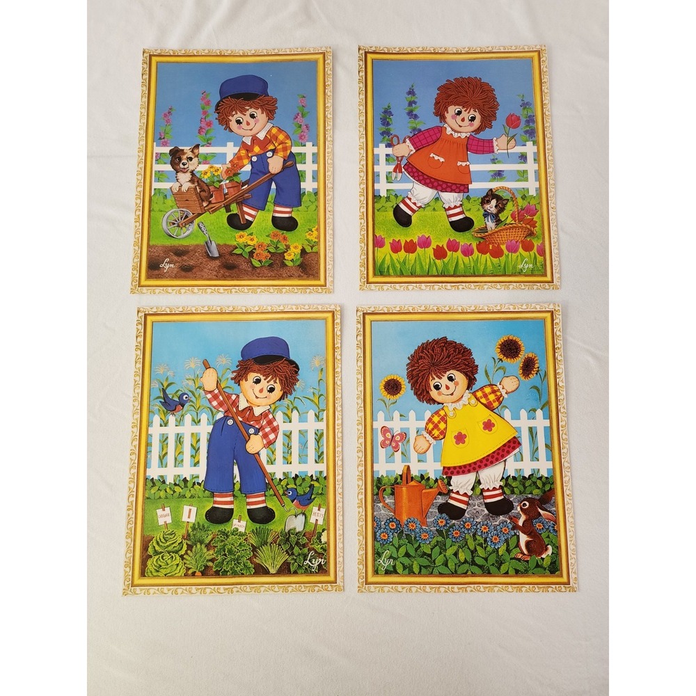 4 VTG Raggedy Ann & Andy Lithograph Art Prints by Lyn Nursery Children's Decor